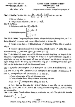 đề tuyển sinh lớp 10 thpt môn toán năm 2024 – 2025 sở gd&đt hà nam