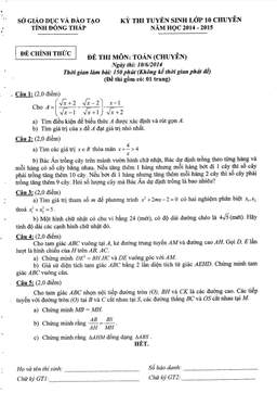 đề tuyển sinh vào 10 chuyên môn toán chuyên năm 2014 – 2015 sở gd&đt đồng tháp