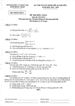 đề tuyển sinh vào 10 chuyên môn toán cơ sở năm 2014 – 2015 sở gd&đt đồng tháp