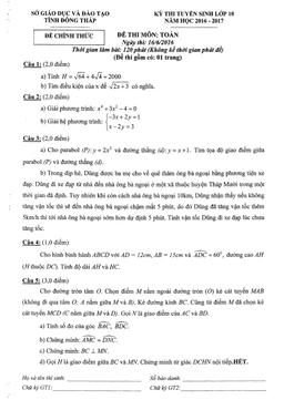 đề tuyển sinh vào 10 môn toán năm 2016 – 2017 sở gd&đt đồng tháp