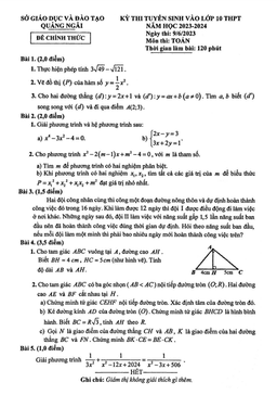 đề tuyển sinh vào lớp 10 môn toán năm 2023 – 2024 sở gd&đt quảng ngãi