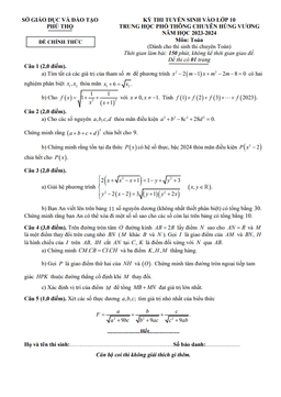 đề vào lớp 10 môn toán (chuyên) năm 2023 – 2024 trường chuyên hùng vương – phú thọ