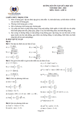 hướng dẫn ôn tập giữa kì 1 toán 11 năm 2021 – 2022 trường vinschool – hà nội