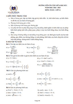 hướng dẫn ôn tập giữa kì 1 toán 11 năm 2022 – 2023 trường vinschool – hà nội