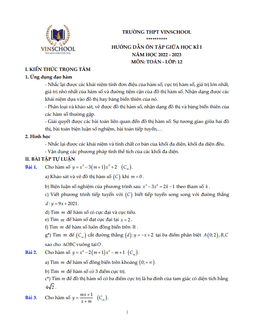 hướng dẫn ôn tập giữa kì 1 toán 12 năm 2022 – 2023 trường vinschool – hà nội