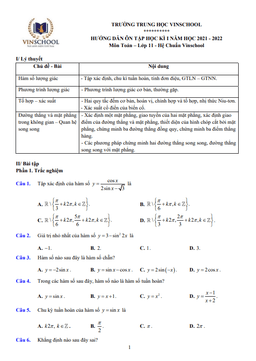 hướng dẫn ôn tập học kì 1 toán 11 năm 2021 – 2022 trường vinschool – hà nội