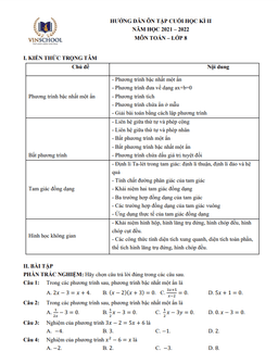 hướng dẫn ôn tập học kì 2 toán 8 năm 2021 – 2022 trường vinschool – hà nội