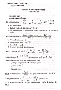 hướng dẫn ôn tập học kỳ 1 toán 9 năm 2018 – 2019 trường thcs trưng nhị – hà nội