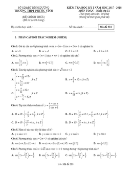kiểm tra học kỳ 1 toán 11 năm học 2017 – 2018 trường thpt phước vĩnh – bình dương