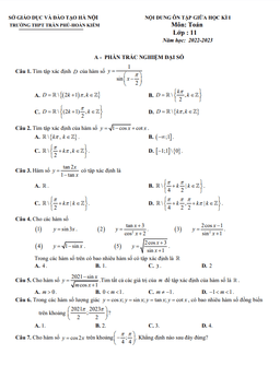 nội dung ôn tập giữa kì 1 toán 11 năm 2022 – 2023 trường thpt trần phú – hà nội