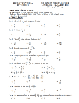 nội dung ôn tập giữa kì 2 toán 6 năm 2023 – 2024 trường thcs yên hòa – hà nội