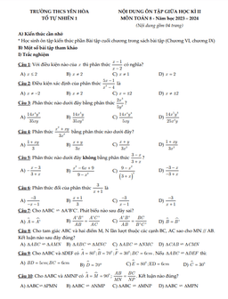 nội dung ôn tập giữa kì 2 toán 8 năm 2023 – 2024 trường thcs yên hòa – hà nội
