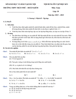 nội dung ôn tập học kì 1 toán 10 năm 2023 – 2024 trường thpt trần phú – hà nội