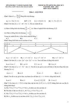 nội dung ôn tập học kì 1 toán 12 năm 2020 – 2021 trường thpt trần phú – hà nội