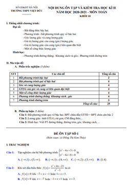 nội dung ôn tập học kì 2 toán 10 năm 2020 – 2021 trường thpt việt đức – hà nội
