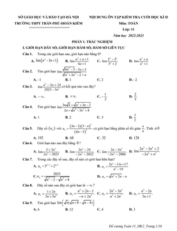 ôn tập cuối học kì 2 toán 11 năm 2022 – 2023 trường thpt trần phú – hà nội