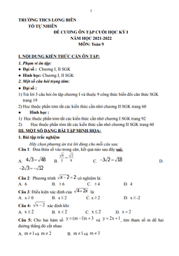 ôn tập cuối học kỳ 1 toán 9 năm 2021 – 2022 trường thcs long biên – hà nội
