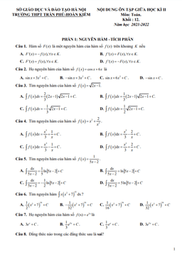 ôn tập giữa học kì 2 toán 12 năm 2021 – 2022 trường thpt trần phú – hà nội
