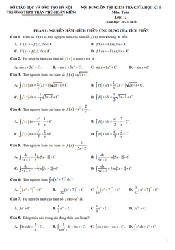 ôn tập giữa kì 2 toán 12 năm 2022 – 2023 trường thpt trần phú – hà nội