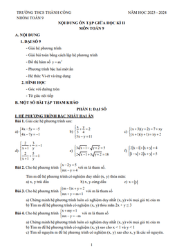 ôn tập giữa kỳ 2 toán 9 năm 2023 – 2024 trường thcs thành công – hà nội