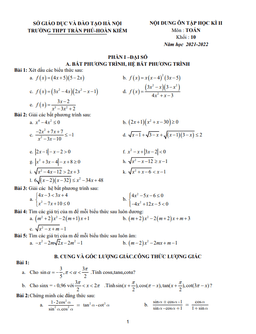 ôn tập học kì 2 toán 10 năm 2021 – 2022 trường thpt trần phú – hà nội