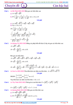 phân dạng các bài toán trong đề tuyển sinh lớp 10 môn toán (2022 – 2023)