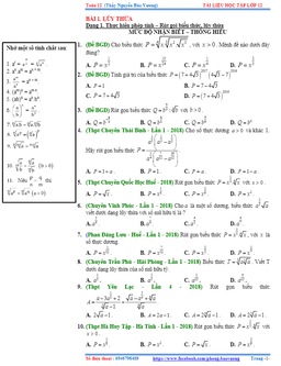 phân dạng và bài tập trắc nghiệm lũy thừa, mũ và logarit có đáp án – nguyễn bảo vương