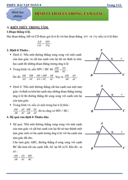 phiếu bài tập toán 8 chủ đề định lí thalès
