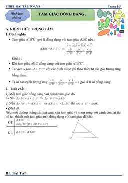 phiếu bài tập toán 8 chủ đề tam giác đồng dạng