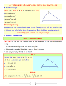 tài liệu toán 9 chủ đề một số hệ thức về cạnh và góc trong tam giác vuông
