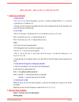 tóm tắt lý thuyết và bài tập trắc nghiệm phép chia hết, ước và bội của một số nguyên