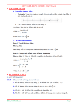 tóm tắt lý thuyết và bài tập trắc nghiệm trung điểm của đoạn thẳng