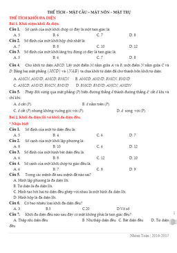 tổng hợp bài tập trắc nghiệm thể tích, mặt cầu, mặt nón, mặt trụ – nhóm toán