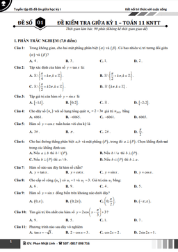 tuyển tập 05 đề ôn thi giữa học kỳ 1 toán 11 knttvcs có đáp án và lời giải