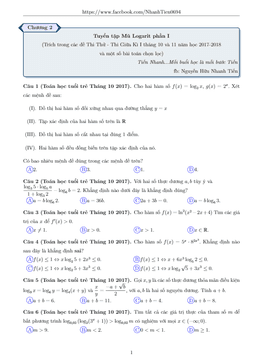 tuyển tập mũ và logarit trong các đề thi thử môn toán 2018 có đáp án – nguyễn nhanh tiến (phần 1)